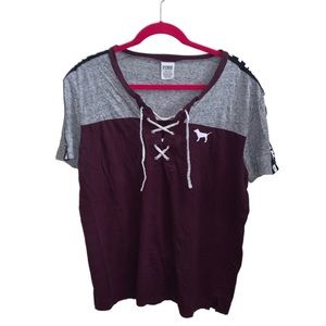 Pink Victoria's Secret large short sleeve lace up color block campus T-shirt